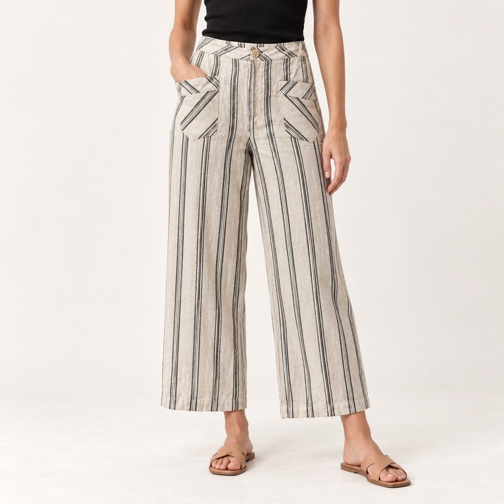 Mare 100% Linen Striped Wide Leg Pants Womens S Cream Black High Rise Coastal